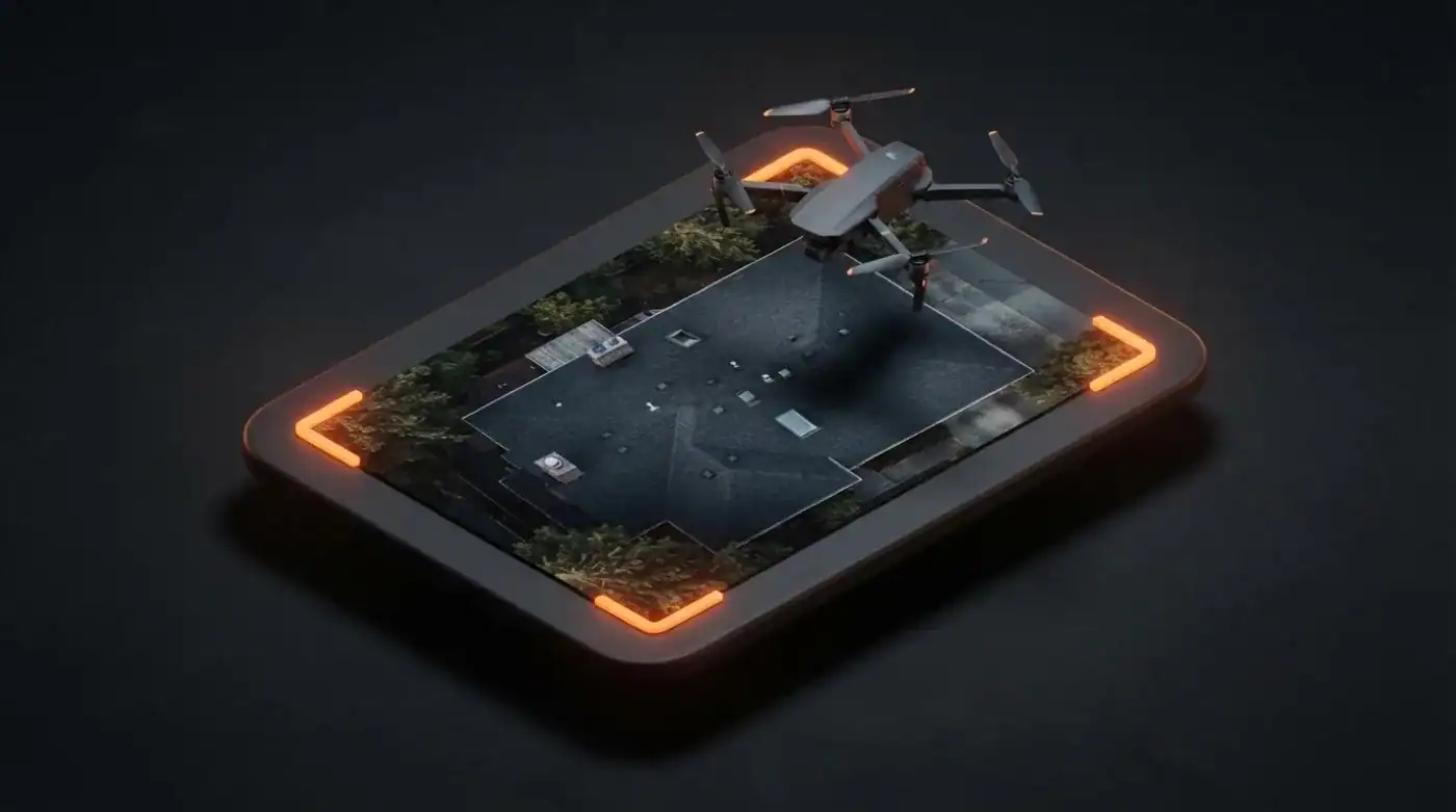 A drone hovering over a dark 3D tablet showing an aerial photo of a roof and property, framed in orange