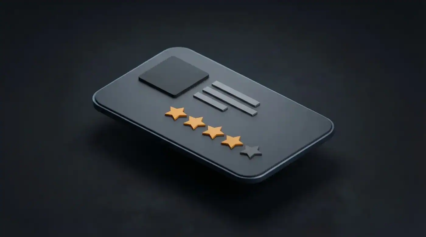 A dark 3D Google Business Profile card showing four orange review stars above lines of text