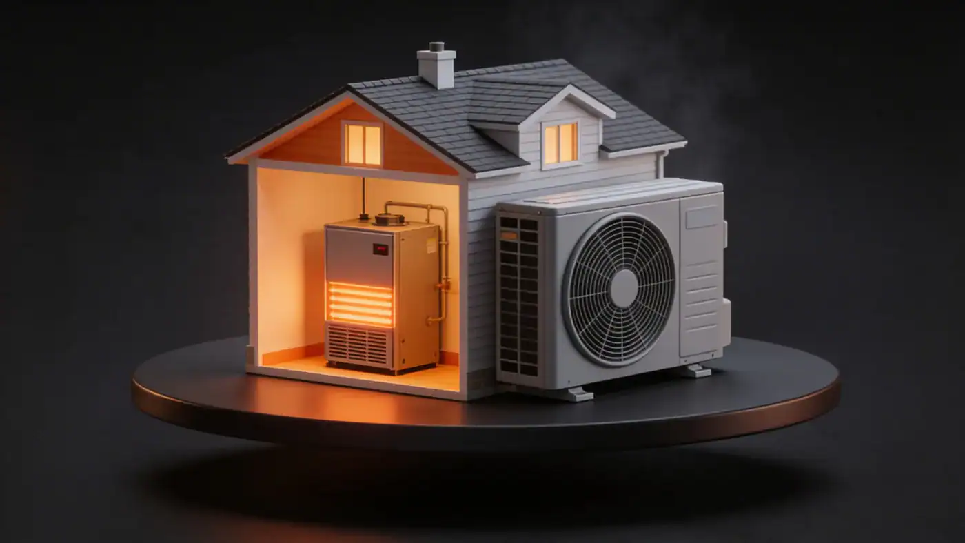 A dark 3D cutaway house with a furnace glowing orange inside and an air conditioning condenser in matte grey outside
