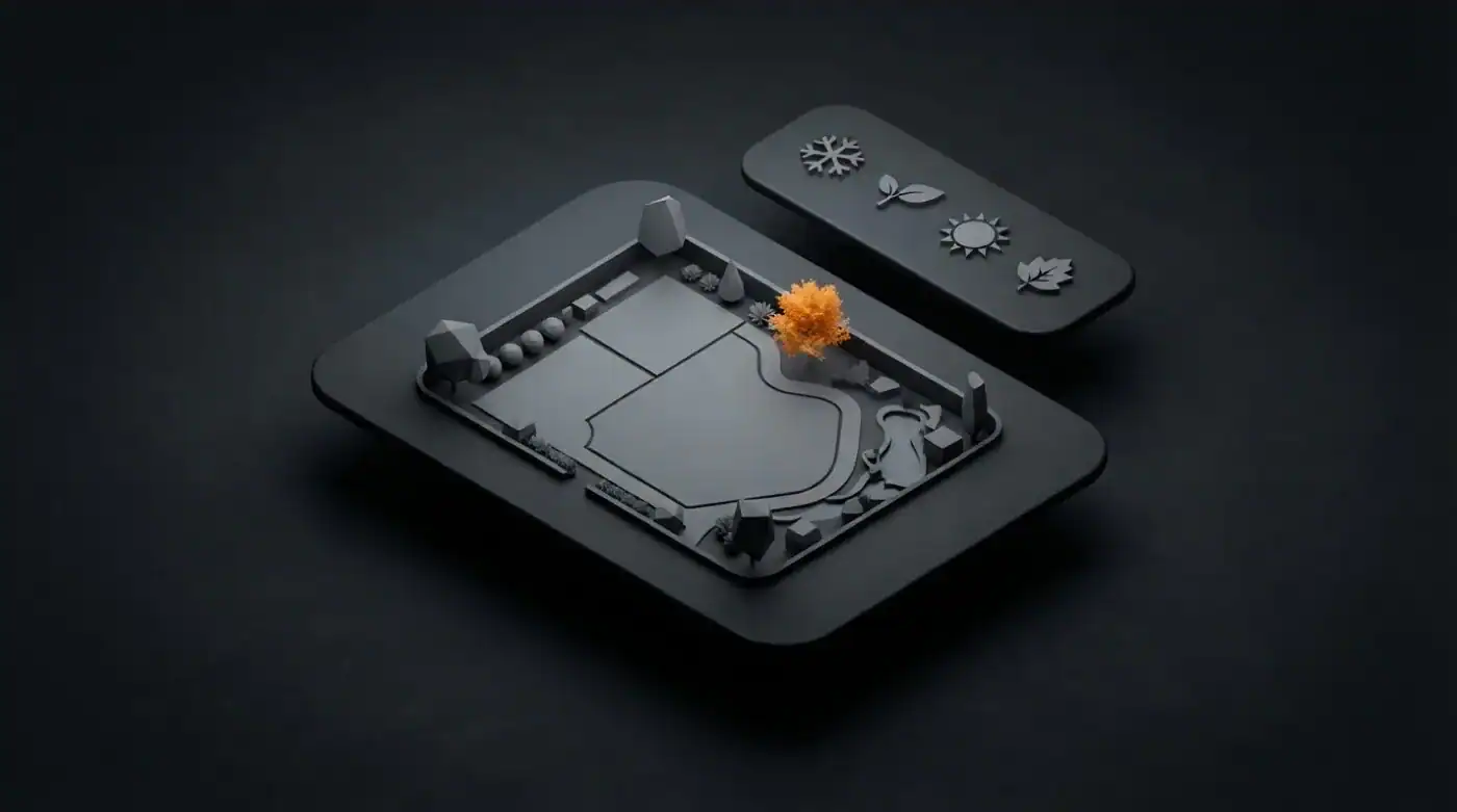 A dark 3D landscaping yard plan laid on a tray beside a strip of season icons