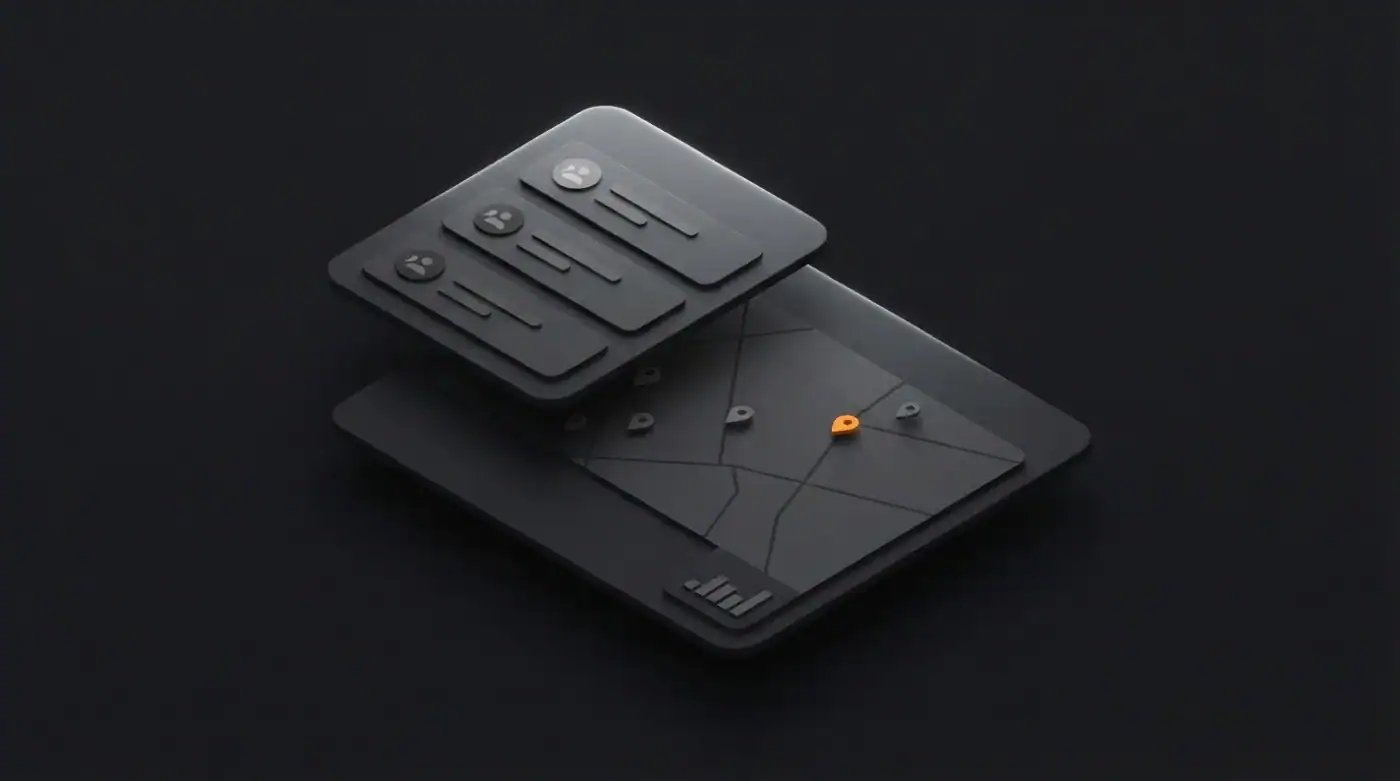 A dark 3D search result card floating above a street map with a glowing orange location pin, showing a Google map pack slot