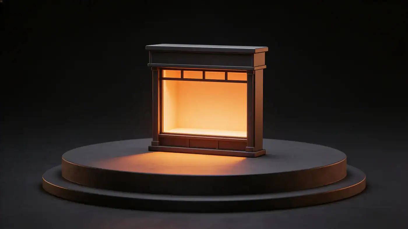 A dark 3D shop window frame on a plinth with warm orange light spilling out of an empty display space, representing the Google Business Profile panel as a shop window