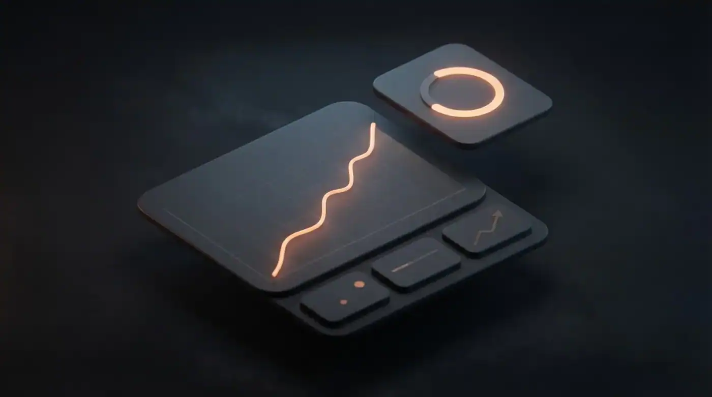 A dark 3D panel with a rising orange line charting search ranking growth over time