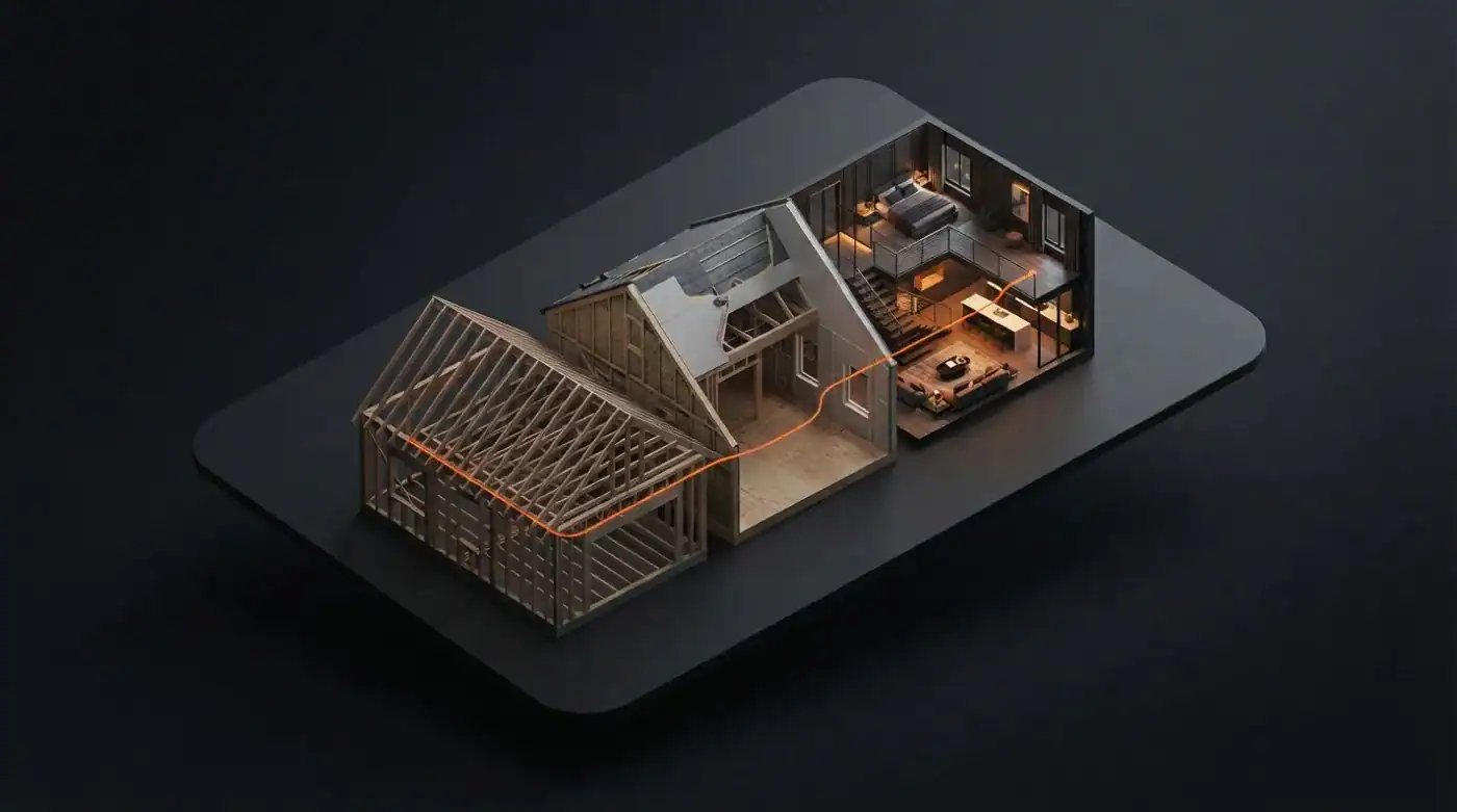 A dark 3D cutaway of a remodel moving from timber framing through to a finished, lit interior