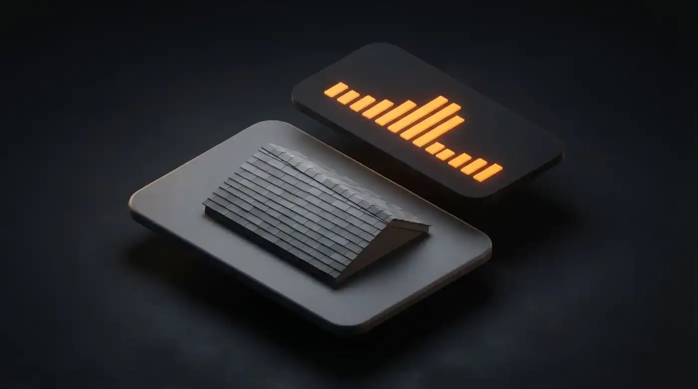A dark 3D shingle roof beneath a floating orange bar chart showing the seasonal peak in roofing demand