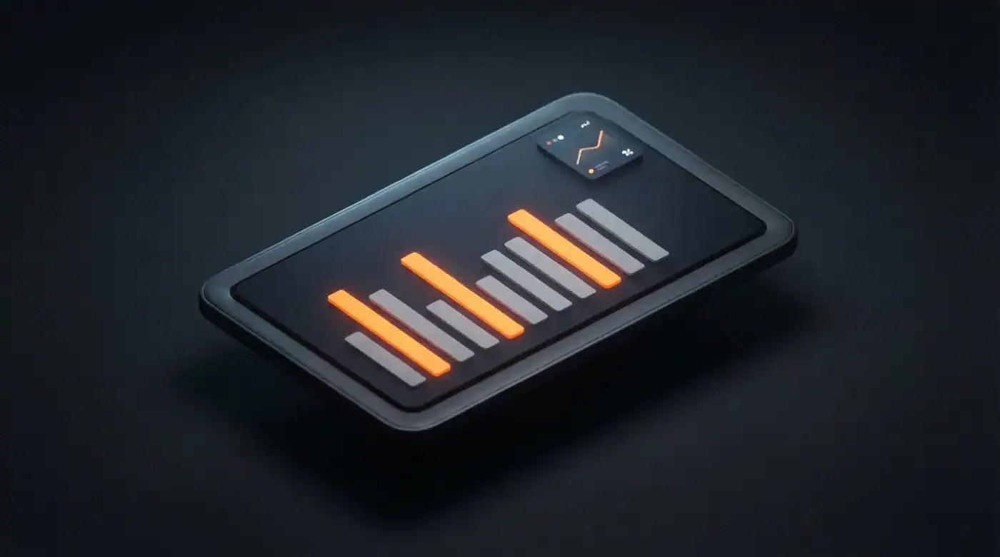A dark 3D phone displaying an orange bar chart of local search demand
