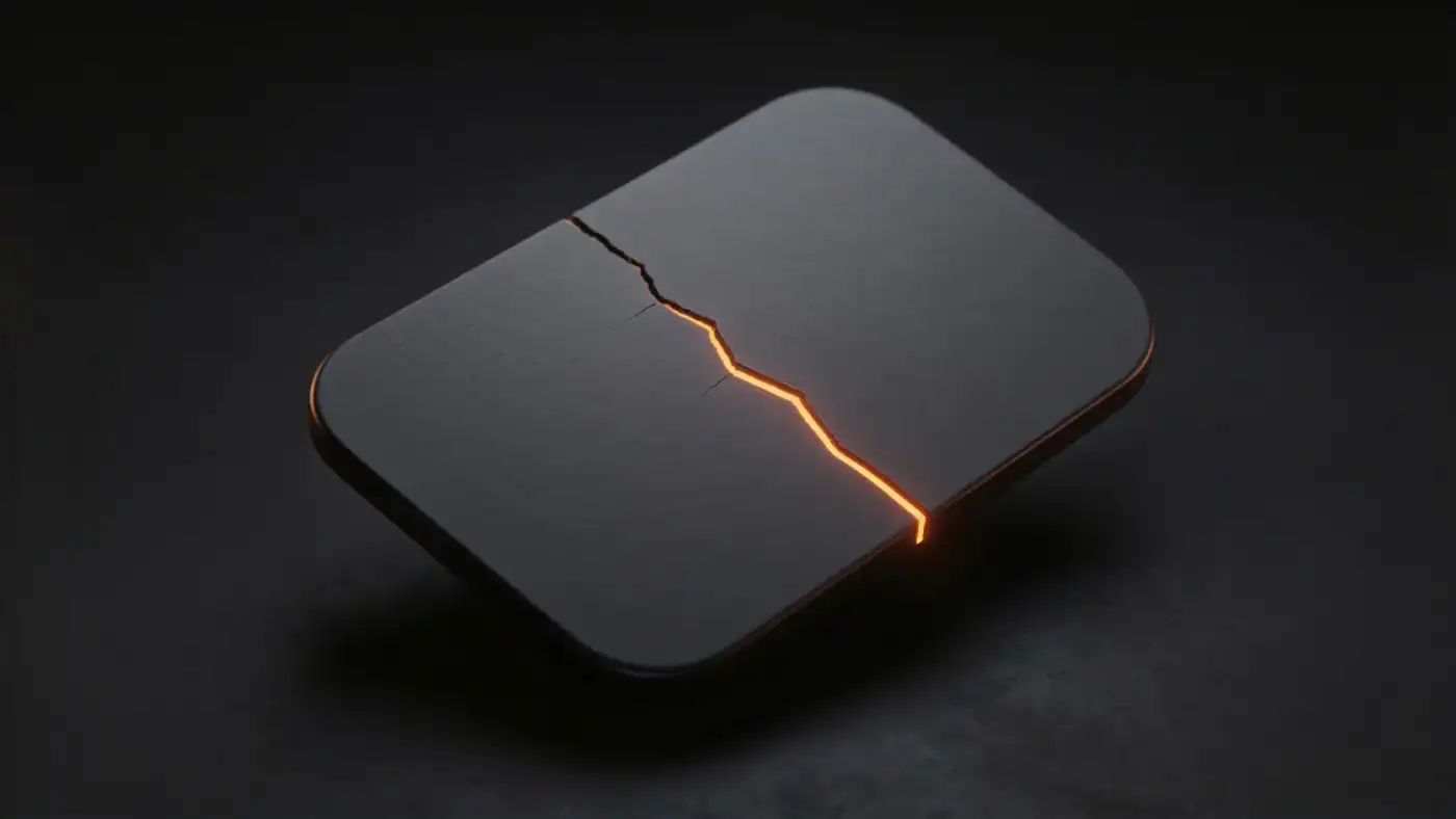 A dark 3D business listing card split by a glowing orange crack, representing a suspended Google Business Profile