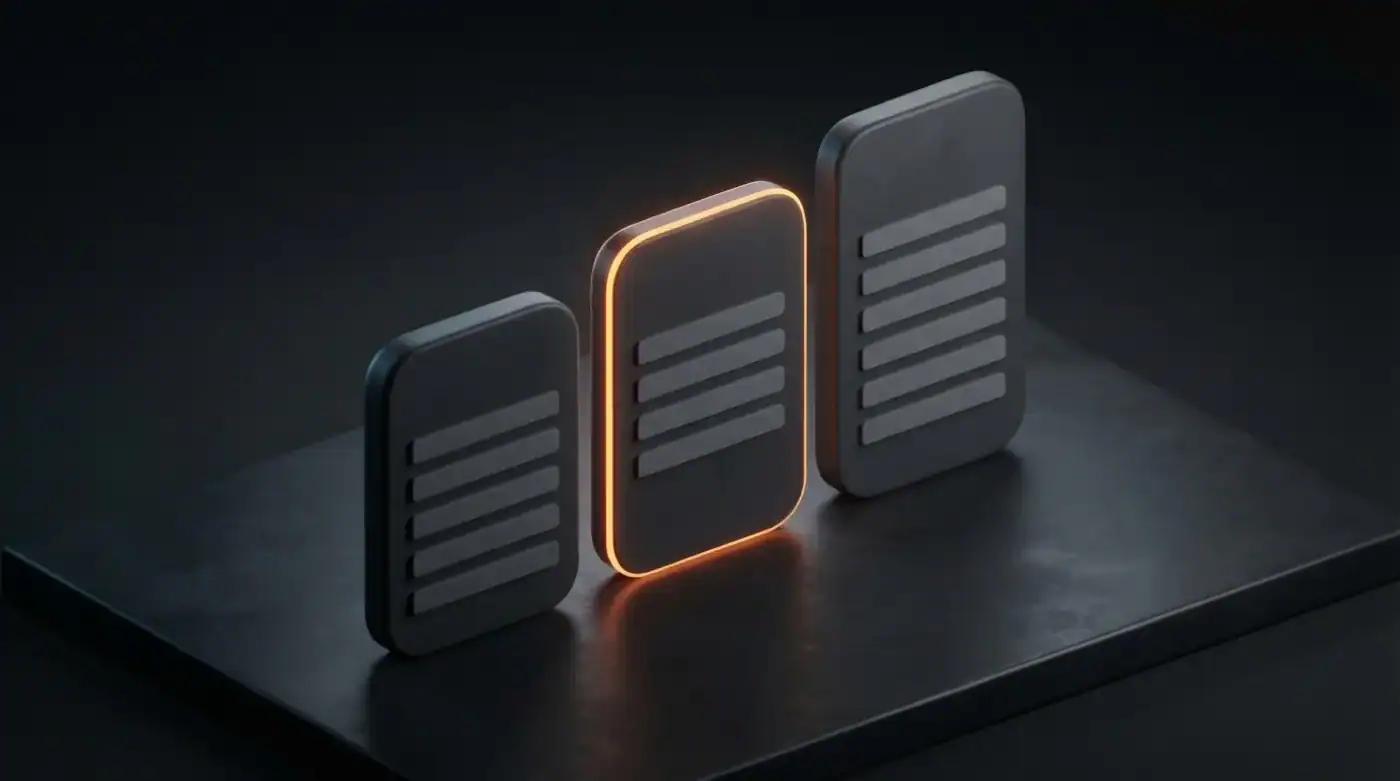 Three dark 3D pricing tier cards with the middle plan lit in orange as the recommended one