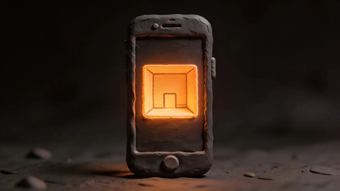 A dark 3D phone standing upright with a warm orange room glowing on its screen, showing a room visualizer running in a browser on a phone