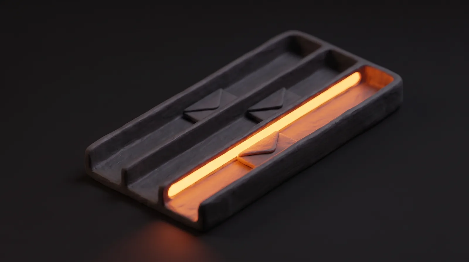 A dark clay mail tray split into lanes with envelopes in each, one lane lit orange, showing AI email sorting putting urgent mail in its own lane