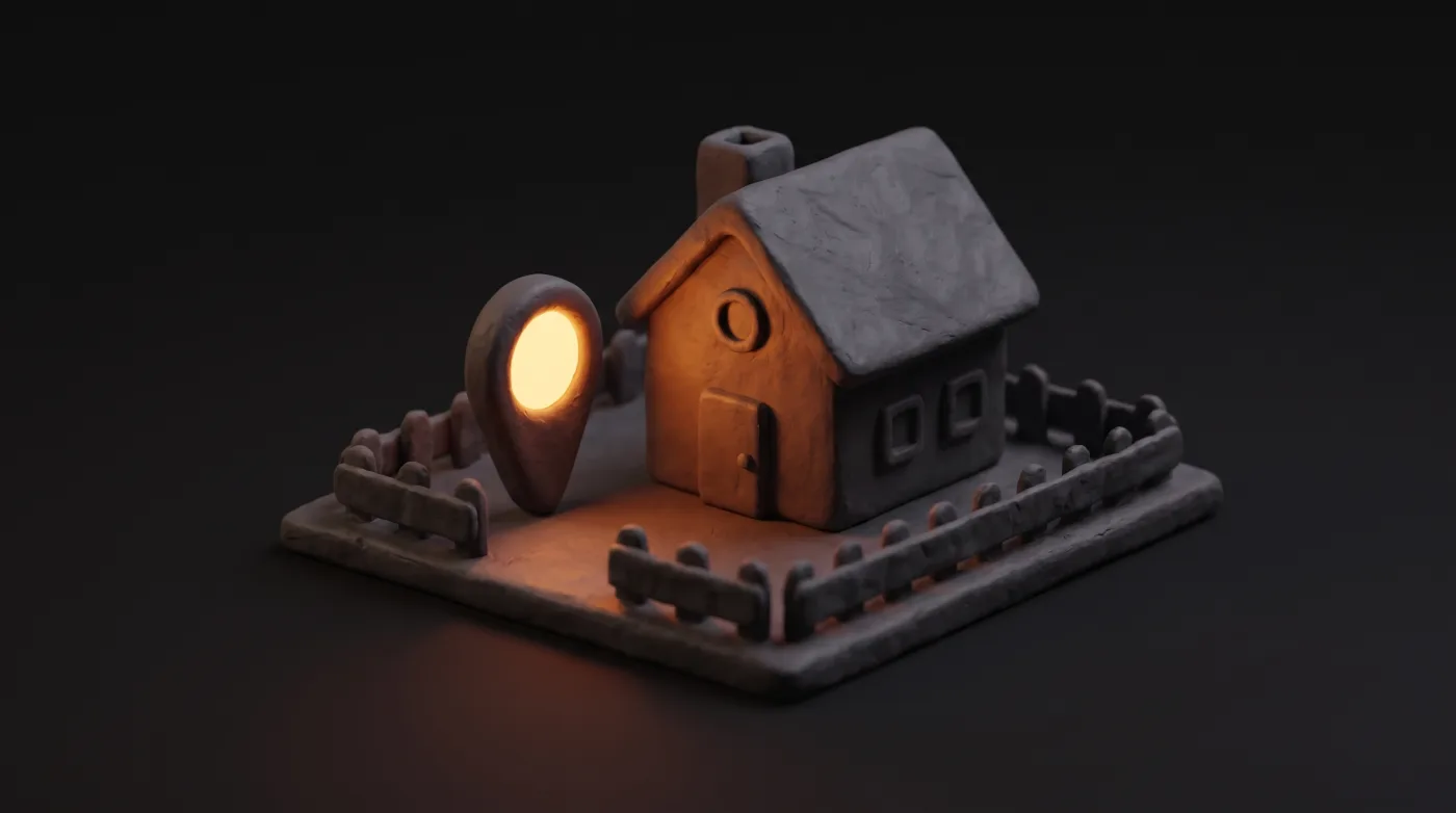 A dark clay house on its own fenced plot with a glowing orange map pin in the front yard, representing a contractor's own Google Business Profile listing